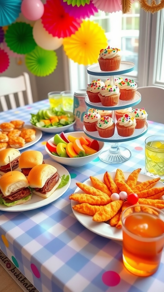 Delicious 15th Birthday Lunch Celebration Menu A festive lunch setting for a 15th birthday with sliders, chicken tenders, salad, fruit skewers, and mini cupcakes.